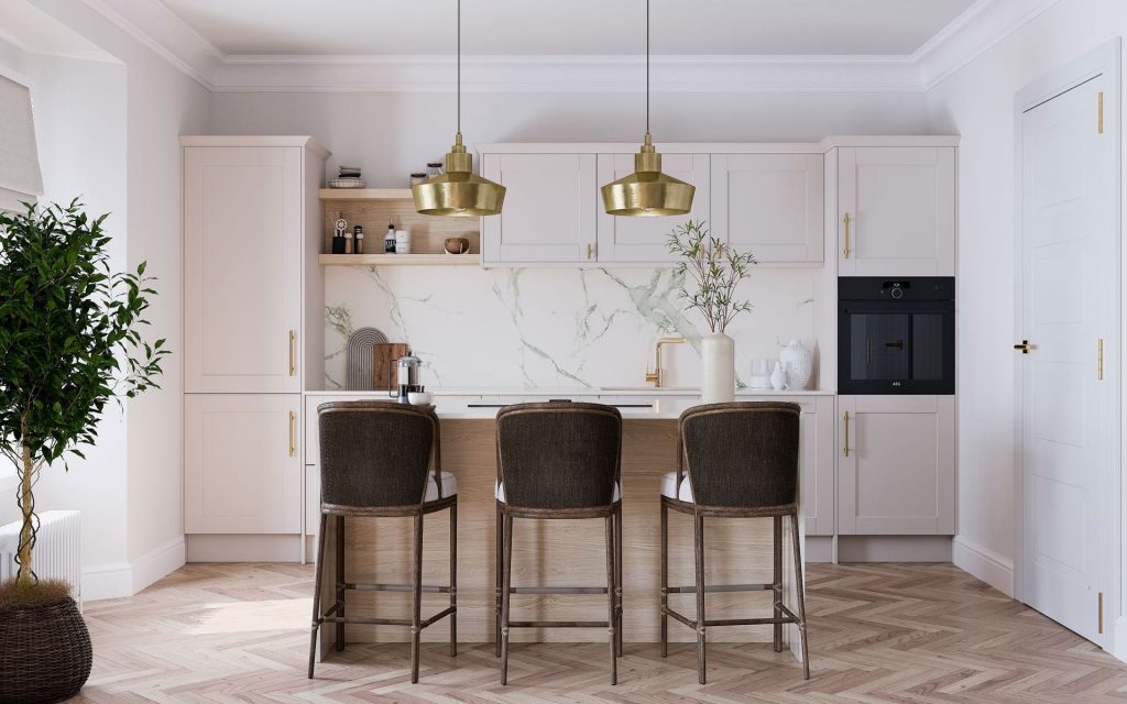 Modern white kitchen with an island, bar stools, open shelving, and warm wood flooring.